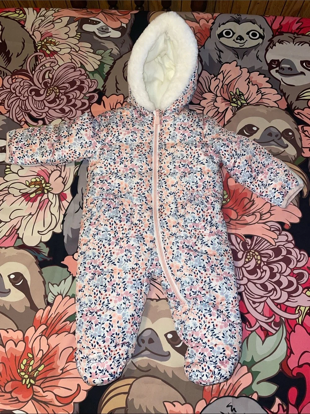 Multi color floral Kensie girl footed snowsuit (3/6mos)